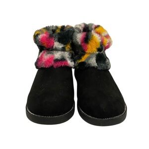 Bebe Black/Pink/White Print Fur Cuff Ankle Boots